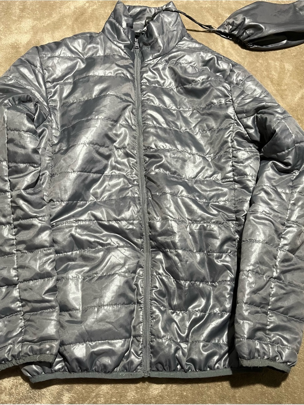 Women’s Metallic Gray Packable Puffer Rain Jacket